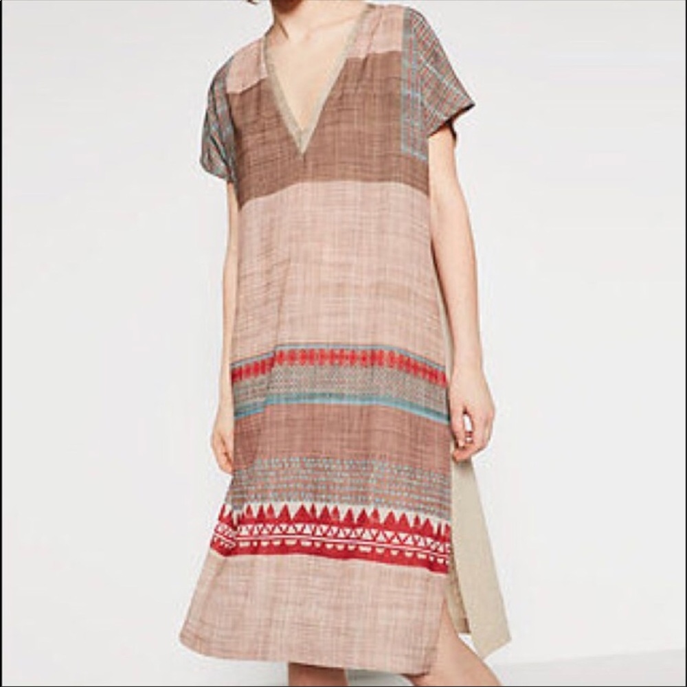Zara tribal ethnic Boho chic linen shift dress.euc